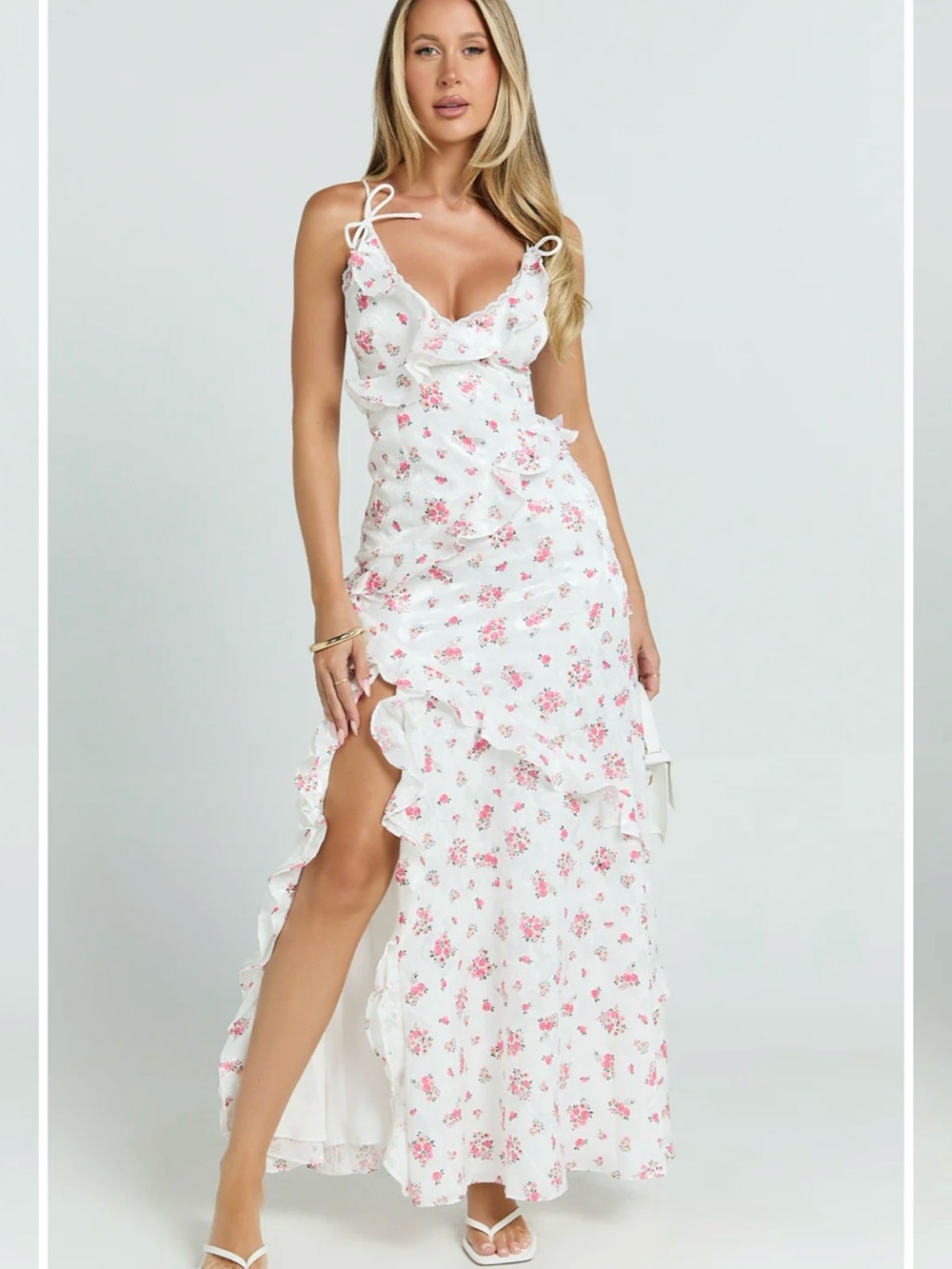 JUSTINE MAXI DRESS White Pink Floral Ruffle Maxi Dress Showpo